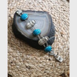 Egyptian, Deco, Vintage Mid Century Silver Faience Scarab Bracelet